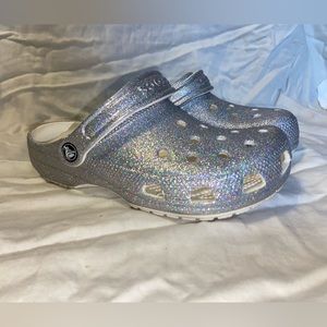 Silver sparkly crocs